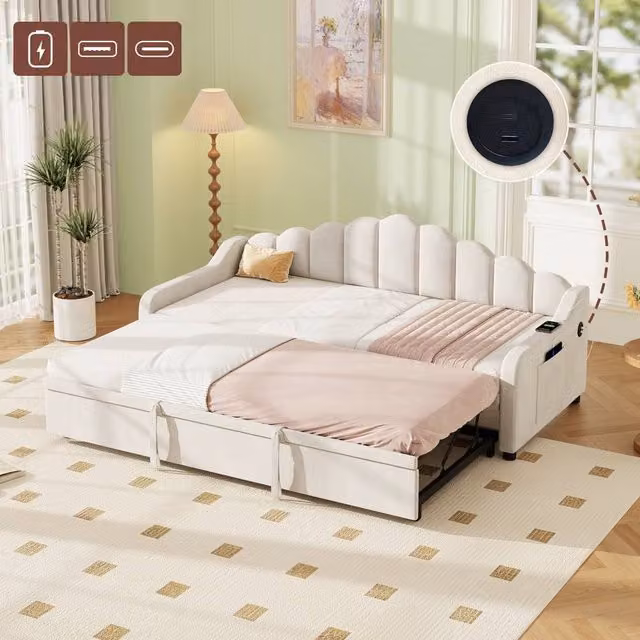 ModernLuxe Beige Velvet Upholstered Single Daybed with Pull Out Trundle, Scalloped Backrest and USB Charging Port, W/D/H: 190 x 90 x 220 cm – 1