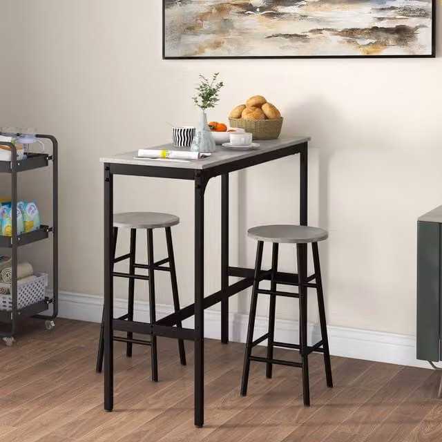 HOMCOM 3 Piece Industrial Bar Table Set with 2 Stools in Grey and Black