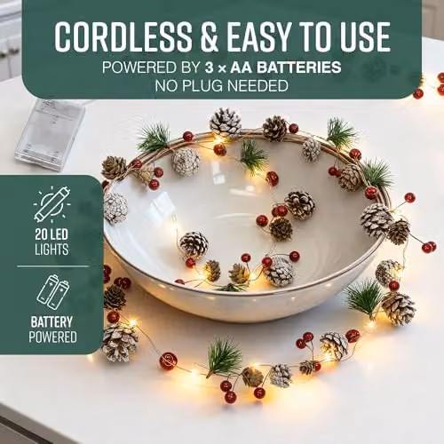 Globrite Pre-Lit Christmas Garland with 20 Warm White LEDs, 2m Length – 7