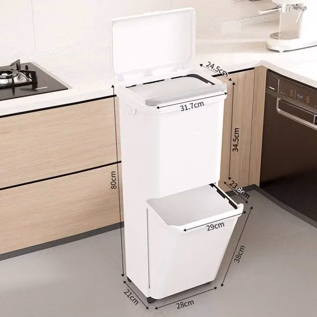 SPETLEK 2 Tier Mobile Kitchen Rubbish Bin with Flip Lid and Removable Inner Bucket, White