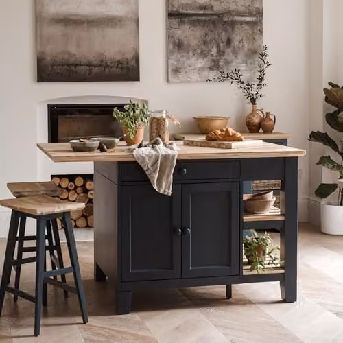 Statement Furniture Florence Kitchen Island with Cupboard, 2 Drawers and Shelves in Navy Blue, W: 150 cm, H: 91 cm, D: 90 cm – 1