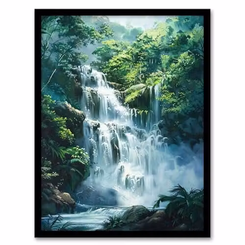 Artery8 Jungle Waterfall Amazon Rainforest Landscape Framed Wall Art Print, W: 21.0 cm, H: 29.7 cm – 1