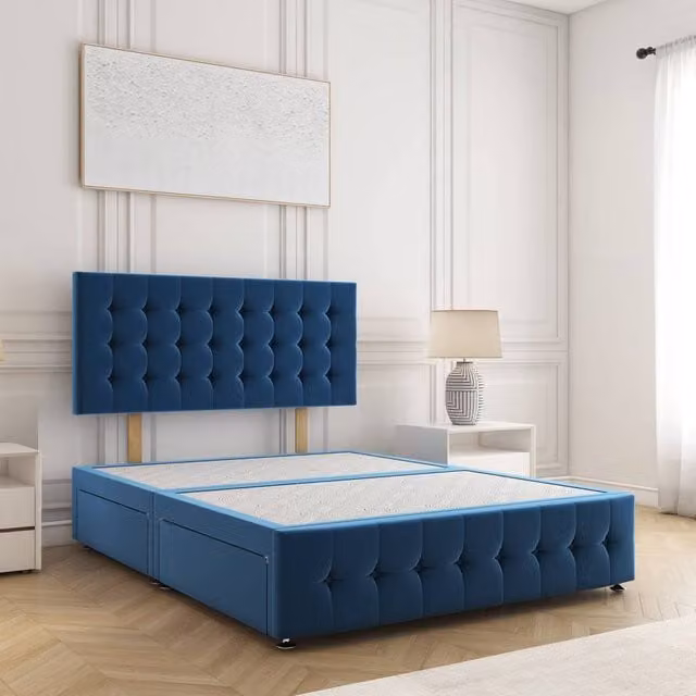 BSSPOKE Eva Super King Divan Bed in Blue Plush Velvet with 24 inch Headboard and 2 Drawers on Same Side