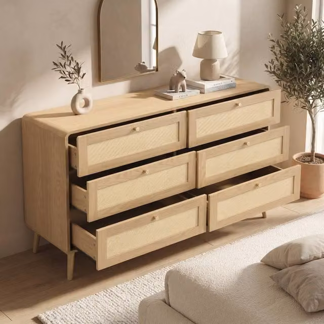 Merax 6 Drawer Chest of Drawers in Natural Oak Effect with Rattan Fronts, W/D/H: 120 x 40 x 80 cm