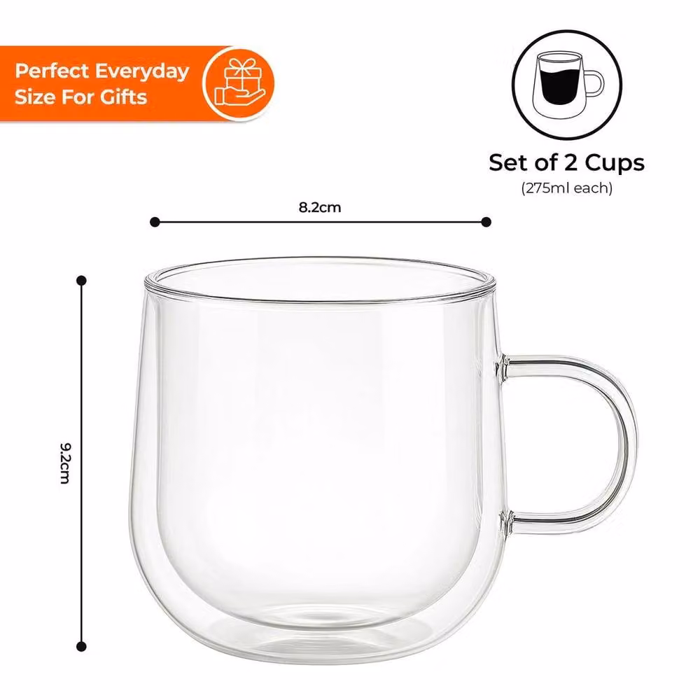 FLAVORA Double Walled Glass Coffee Cups, Set of 2, Clear, 275ml – 2