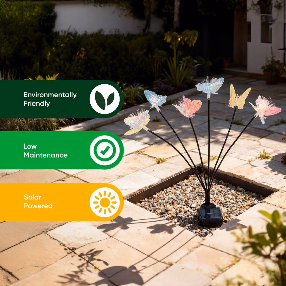Gardenwize Pack of 2 Solar Iridescent Butterfly Stake Lights with Warm White LED in Multicolour – 3