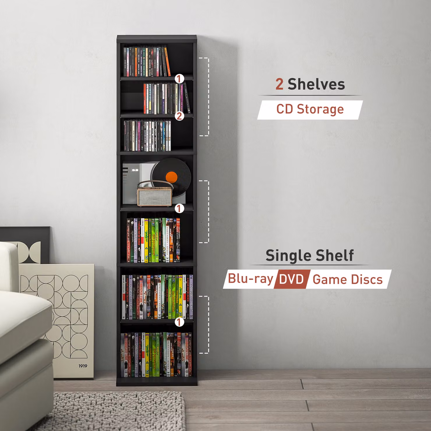 HOMCOM 260 Narrow Black CD Storage Unit with Adjustable Shelves and Media Compartments – 5