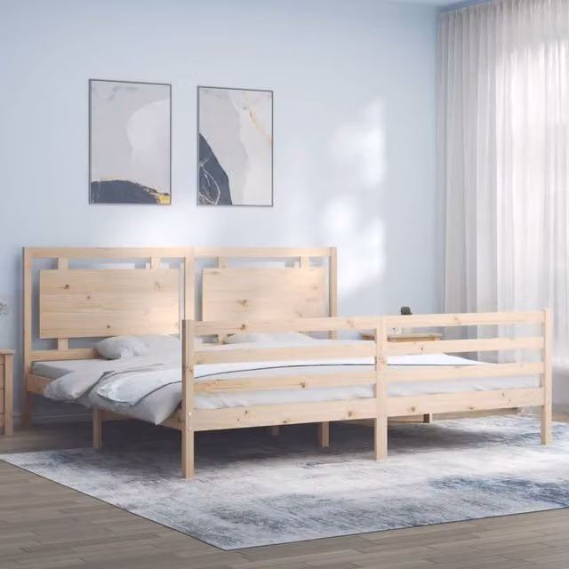 Berkfield Home Solid Pine Bed Frame with Headboard in Brown, 200 x 200 cm