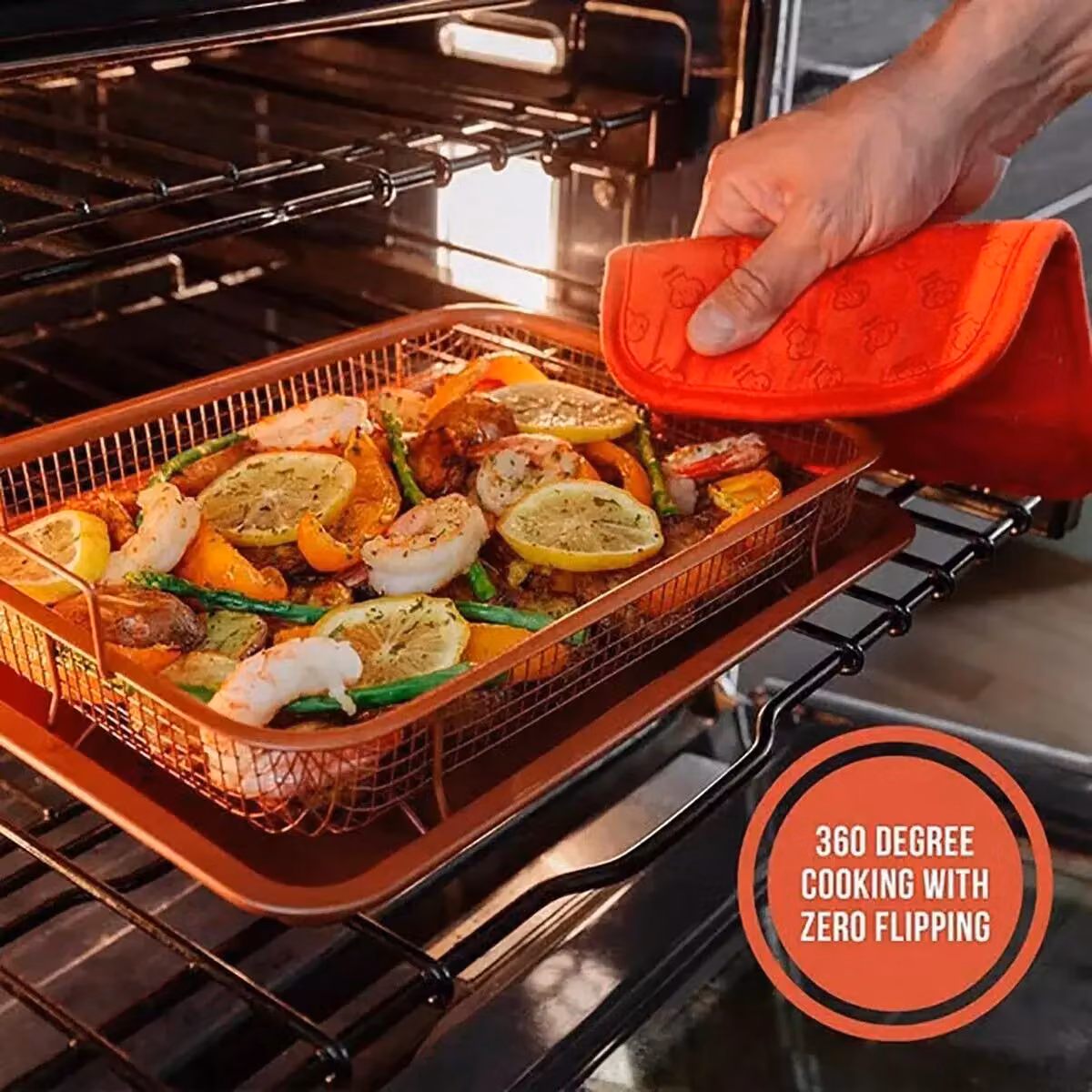 Xample Non-Stick Copper Rectangular Baking Tray and Crisping Mesh Basket – 7