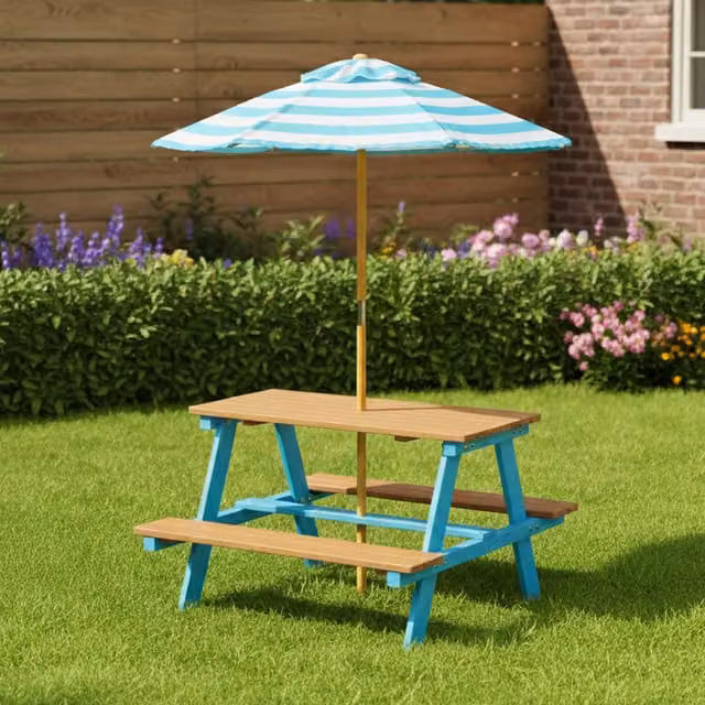 Teamson Kids Wooden Picnic Table with Striped Umbrella in Blue and Turquoise
