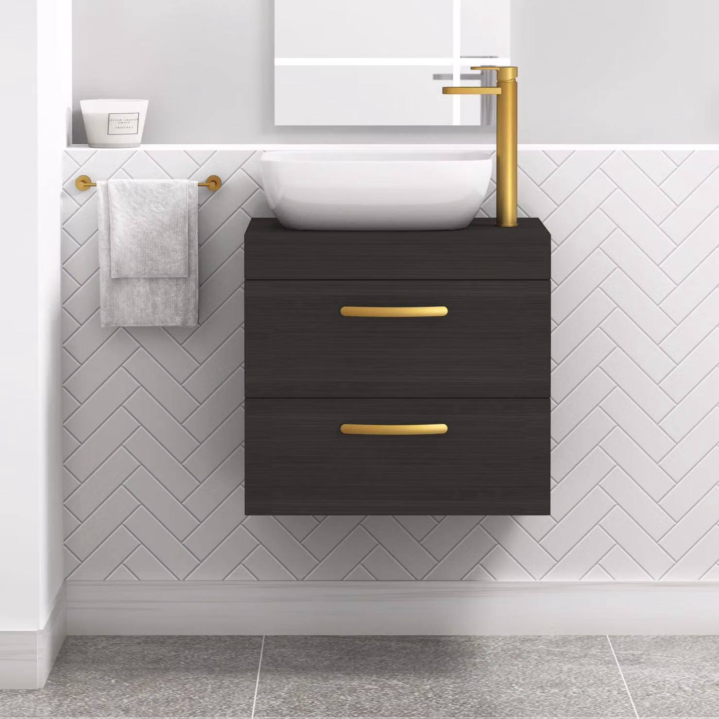 Royal Bathrooms 600mm Wall Hung Vanity Unit with 2 Drawers, Charcoal Oak and Elva Countertop Basin with Brushed Brass Handle