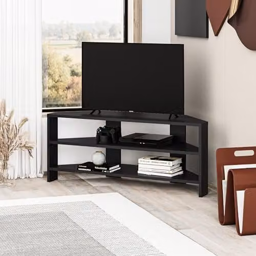 Decortie Thales Modern Multimedia Corner TV Unit in Matt Black, W: 110 cm, D: 45 cm, H: 36 cm