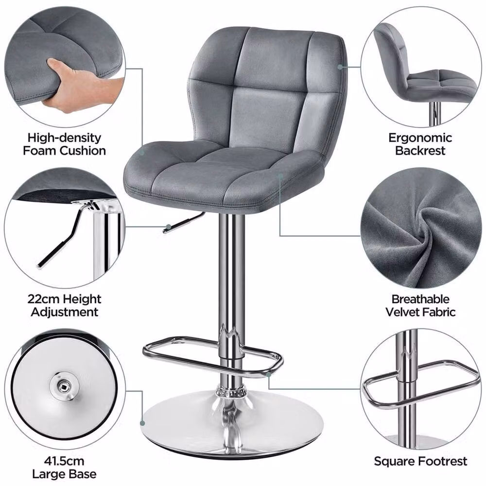 VOGREX Set of 2 Dark Grey Velvet Swivel Bar Stools with Backrest – 4