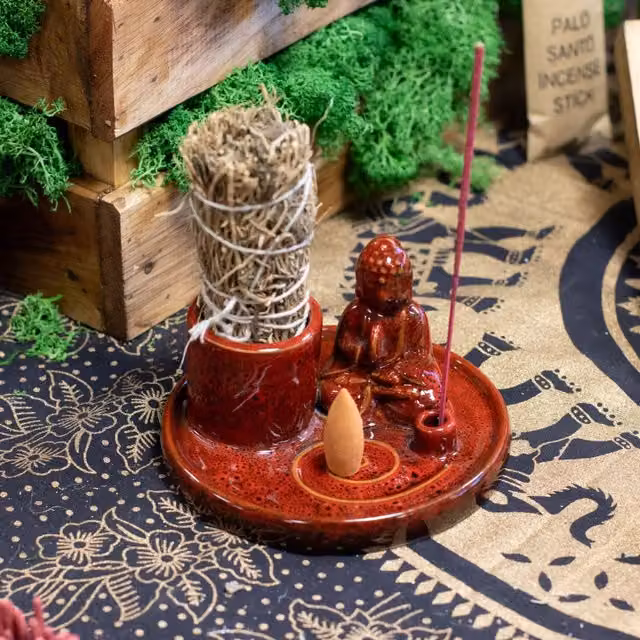Red Ceramic Buddha Incense Plate for Rituals and Meditation