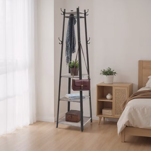 VASAGLE Rustic Brown Coat Rack Stand with Shelves and Hooks, H 180 x W 43 x D 43 cm