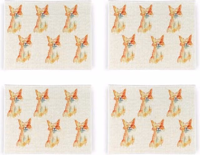 Purely Home Watercolour Foxes Linen Placemats, Set of 4, White, Orange and Multicolour Rectangular Floral Design