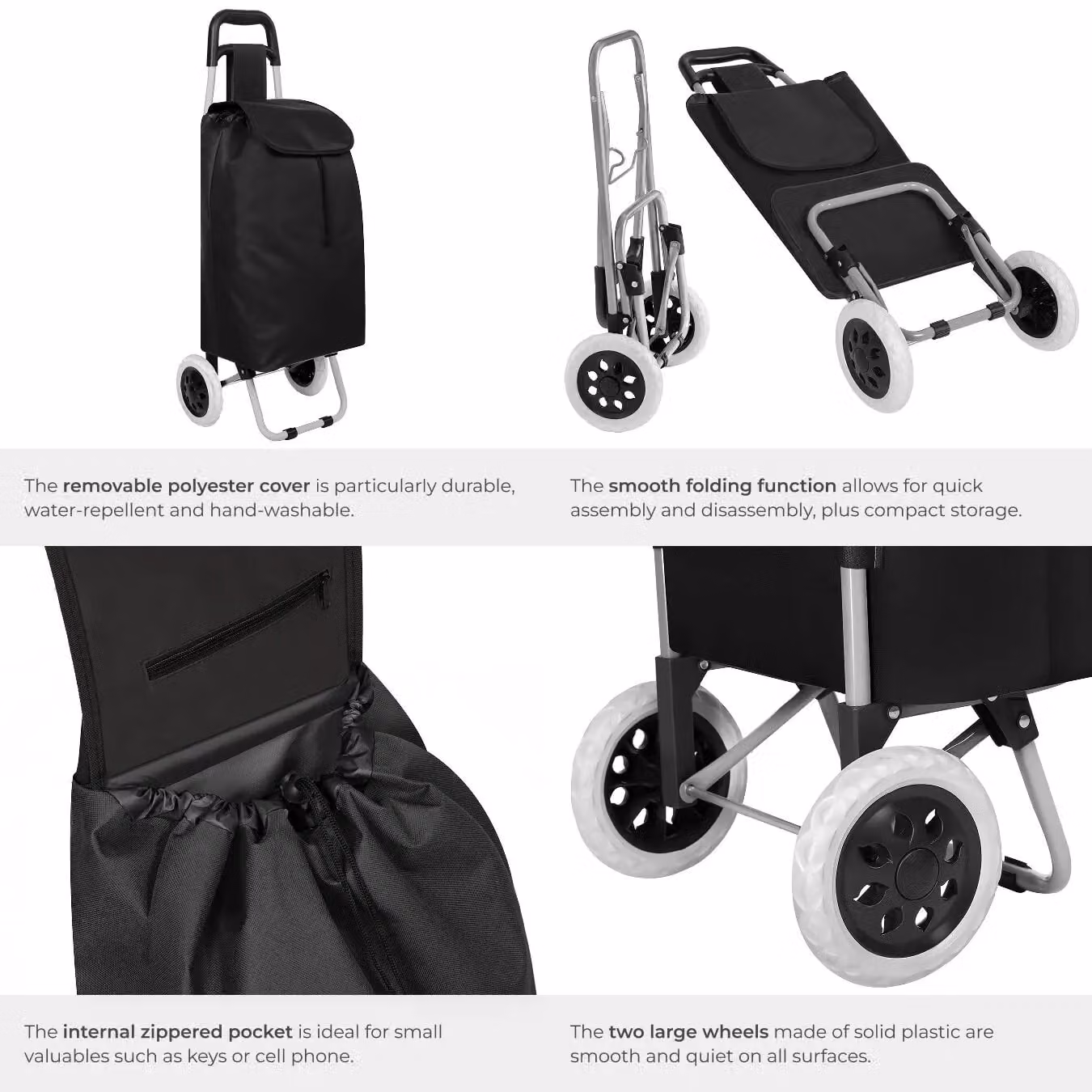 tectake Folding Shopping Trolley with Removable Cover and Smooth Running Wheels, Black – 5