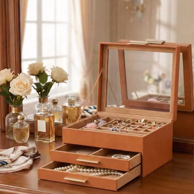 SONGMICS 3-Layer Jewellery Organiser Box with 2 Drawers and Lid in Bronze