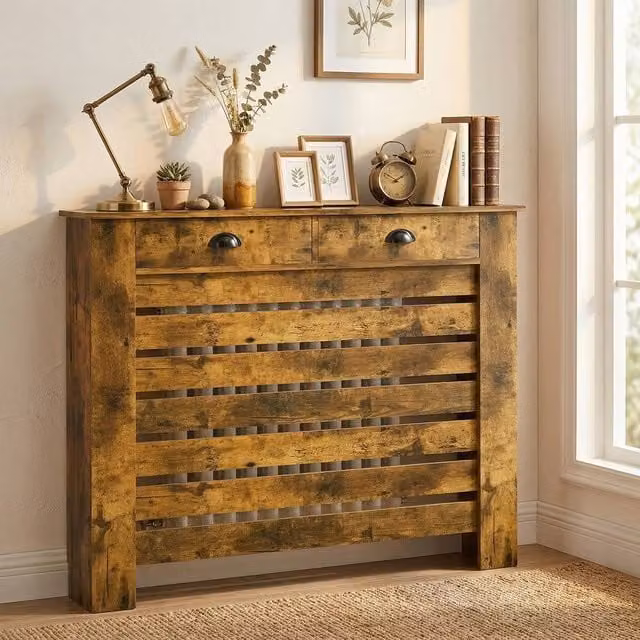 HOMCOM Radiator Cover with Drawer in Brown with Horizontal Slats, Width: 111 cm – 1