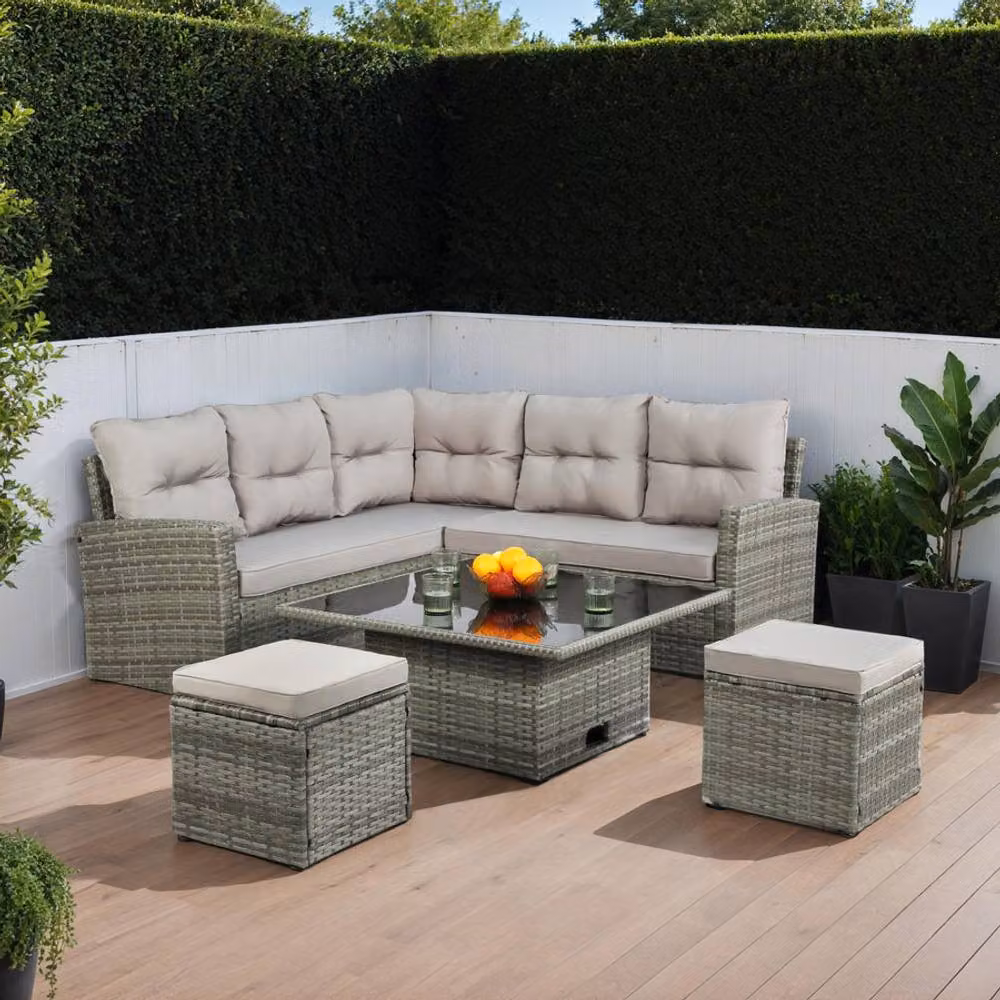Home Garden Direct St. Tropez Grey Rattan L-Shape Garden Corner Sofa Set with Rising Table and Ottoman – 2