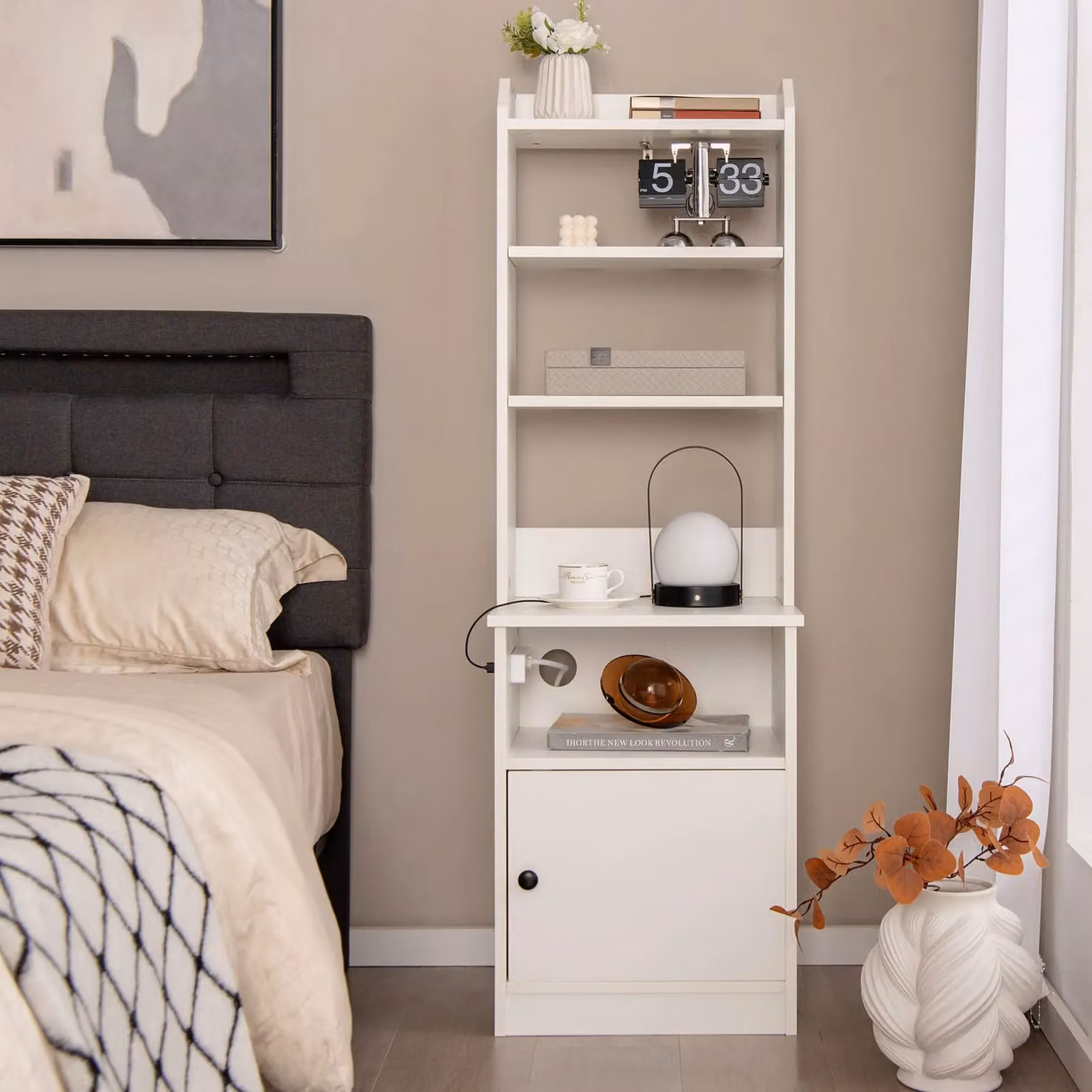 Gymax 6-Tier Tall Nightstand with Charging Station in White – 4