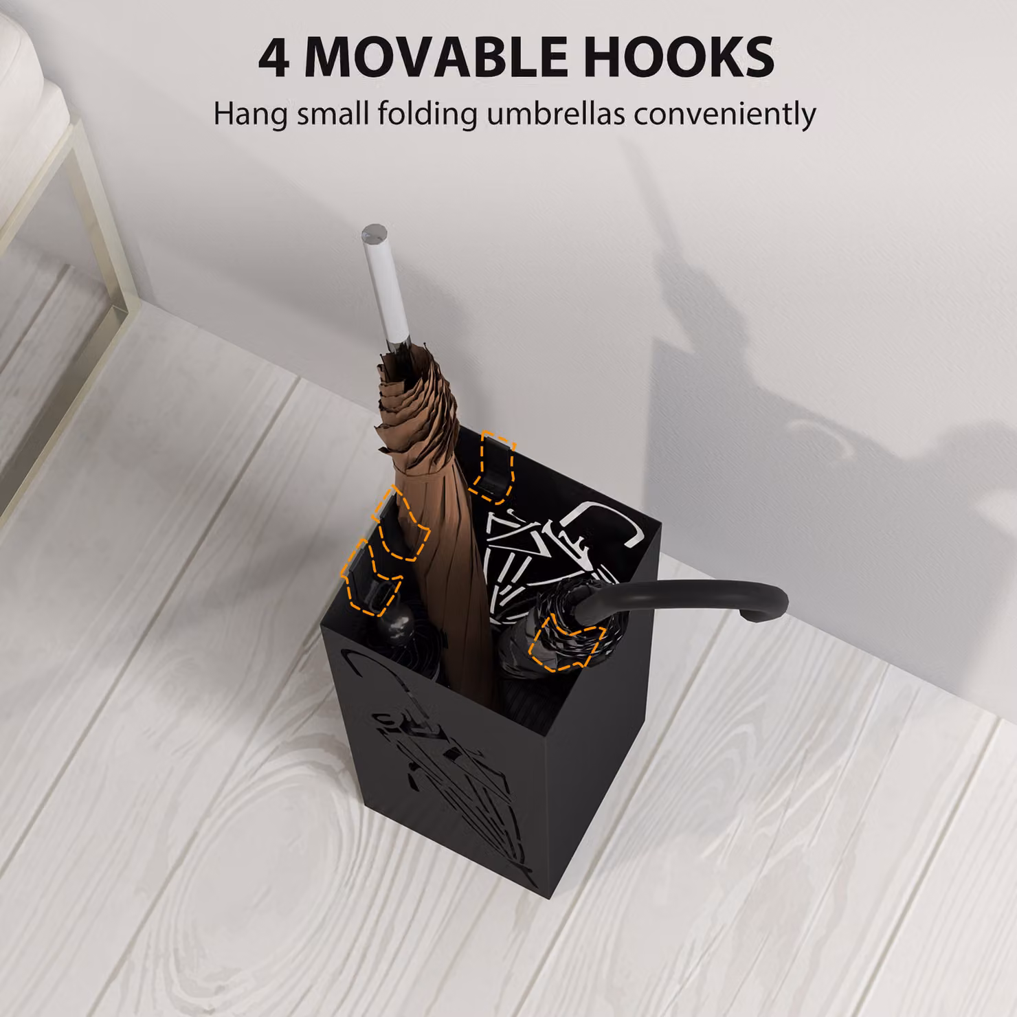 HOMCOM Metal Umbrella Stand in Black with 4 Hooks and Removable Drip Tray, W/D/H: 15.5 x 15.5 x 41 cm – 5
