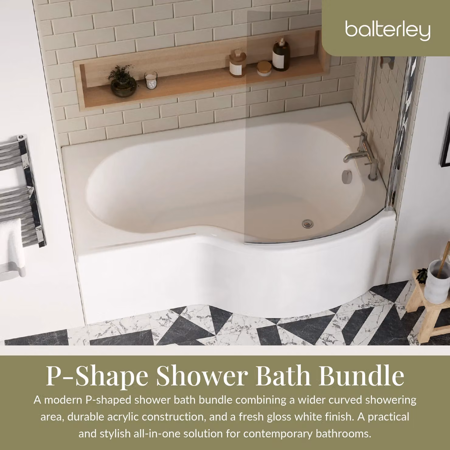 Balterley Asymmetric P Shape Square Shower Bath Screen and Front Panel, White, W: 150 cm – 2