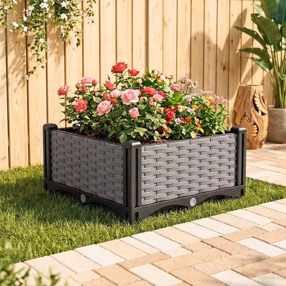 NESTLUNE Grey Rattan Effect Plastic Raised Garden Bed Tub W/D/H: 40 x 40 x 22 cm – 4
