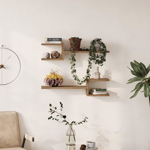 Decortie Fork Modern Floating Shelf Set in Dark Brown, 2 Piece
