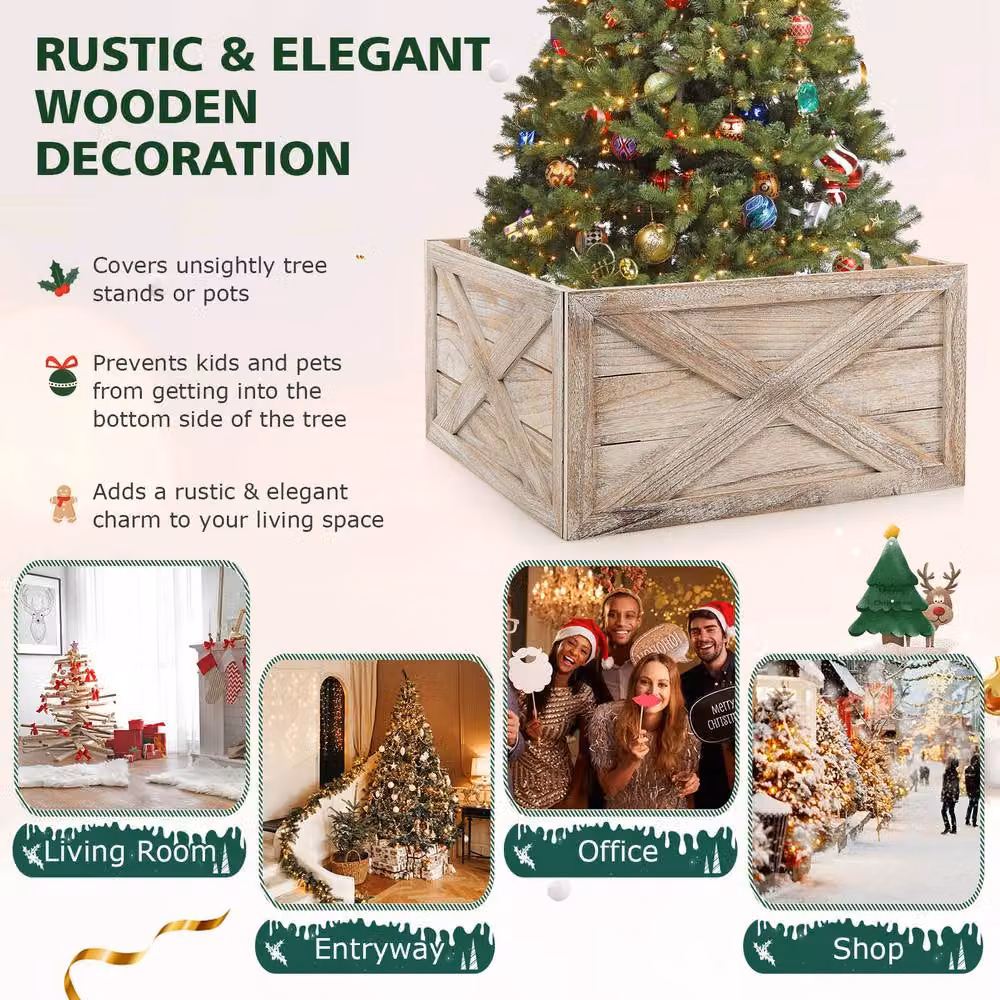 Gymax Solid Wood Vintage Christmas Tree Collar Box in Light Brown – 3