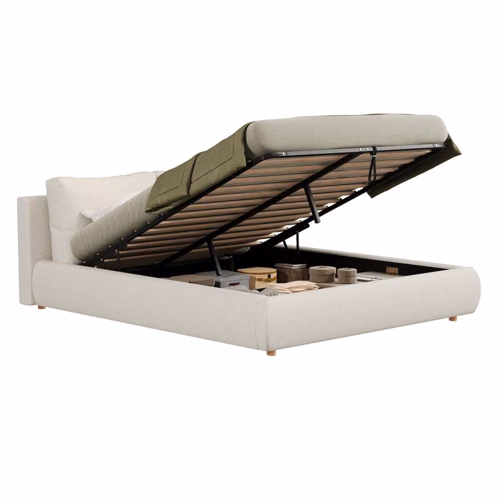 BTM Ottoman Cloud Bed in White Bouclé Fabric with Removable Cushions and Lift-Up Base, W/D: 180 x 200 cm – 4