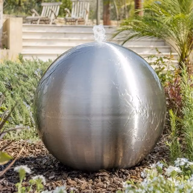 Primrose Brushed Stainless Steel Sphere Water Feature with Lights and Reservoir in Silver, Height: 75 cm