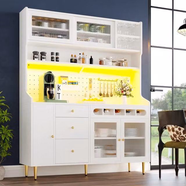 Aosom UK Freestanding White Highboard with LED Lighting, Sliding Glass Doors and Pull-Out Wine Rack, H x W x D: 171 x 39 x 145 cm