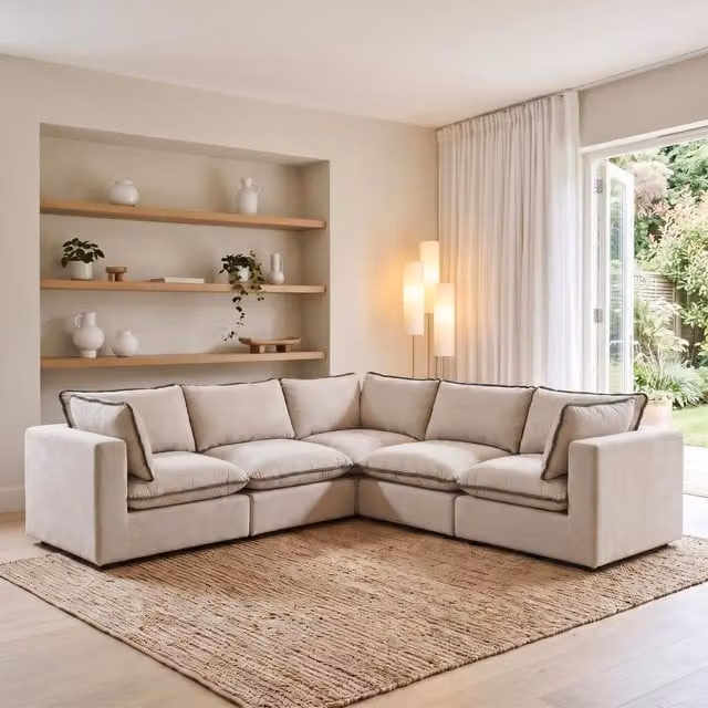 Furniturebox UK Echo Linen-Look Fabric 4 Seater Modular L-Shape Corner Sofa in Beige with Green Trim