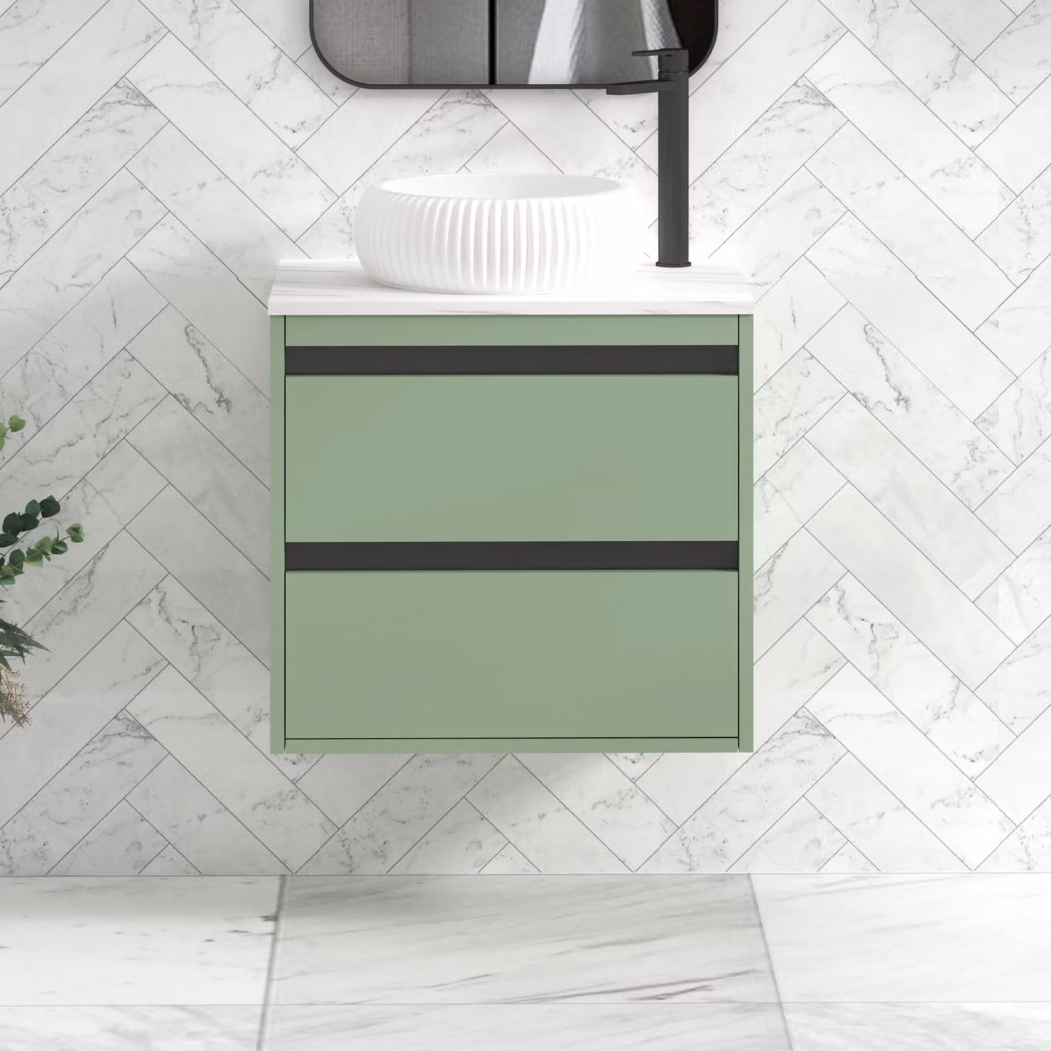 Royal Bathrooms Orion 600mm Mint Sage Wall Hung Countertop Vanity Unit with 2 Drawers, Milan Basin and Black Accent Trim