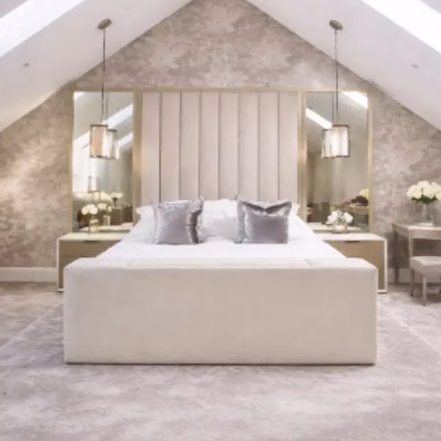 HOB Furniture Janie Linear Design Super King TV Bed with Mirrored Upholstered Velvet Headboard in White, 200 x 200 cm