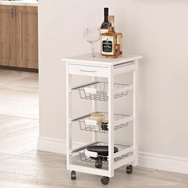 EONLION White Ceramic Tile Top Rolling Serving Trolley with Metal Frame, W/D/H: 76 x 37 x 37 cm