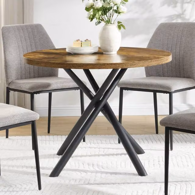 Mona Vale Furniture Round Dining Table with Brown MDF Laminate Top and Black Metal X-Frame Base