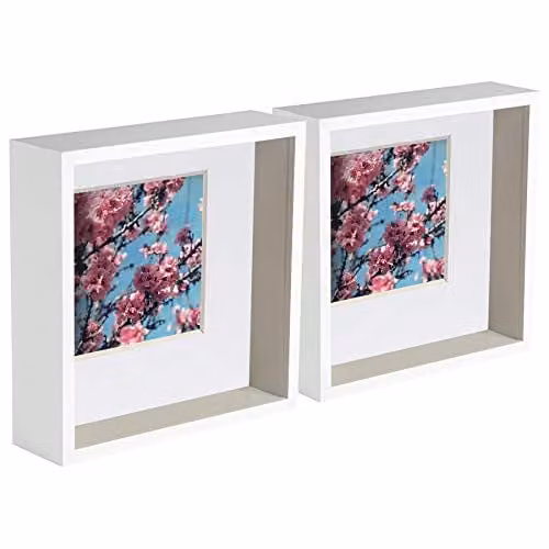 Nicola Spring White Square 3D Deep Box Photo Frame Set with Glass and Plastic Mounts – 1