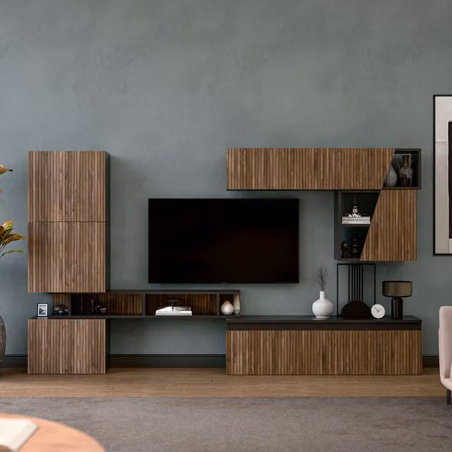 Decorotika Bucharest Modern Geometric Wall Mounted Entertainment Center in Black and Brown