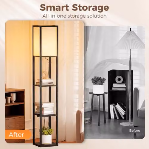 HOMCOM Modern Black Floor Lamp with 3-Tier Storage Shelves and E27 Bulb Socket – 3