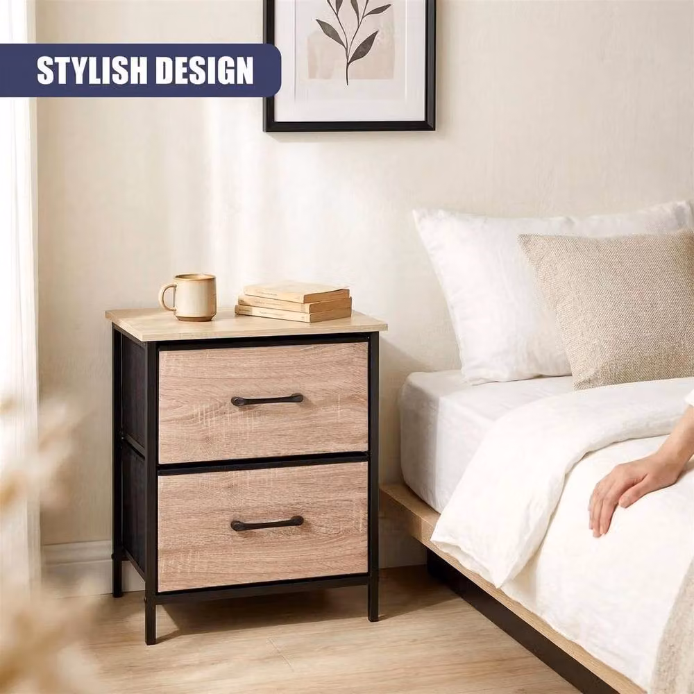 KORVIXA Bedside Table with 2 Drawers, Brown Fabric Storage Dresser – 3