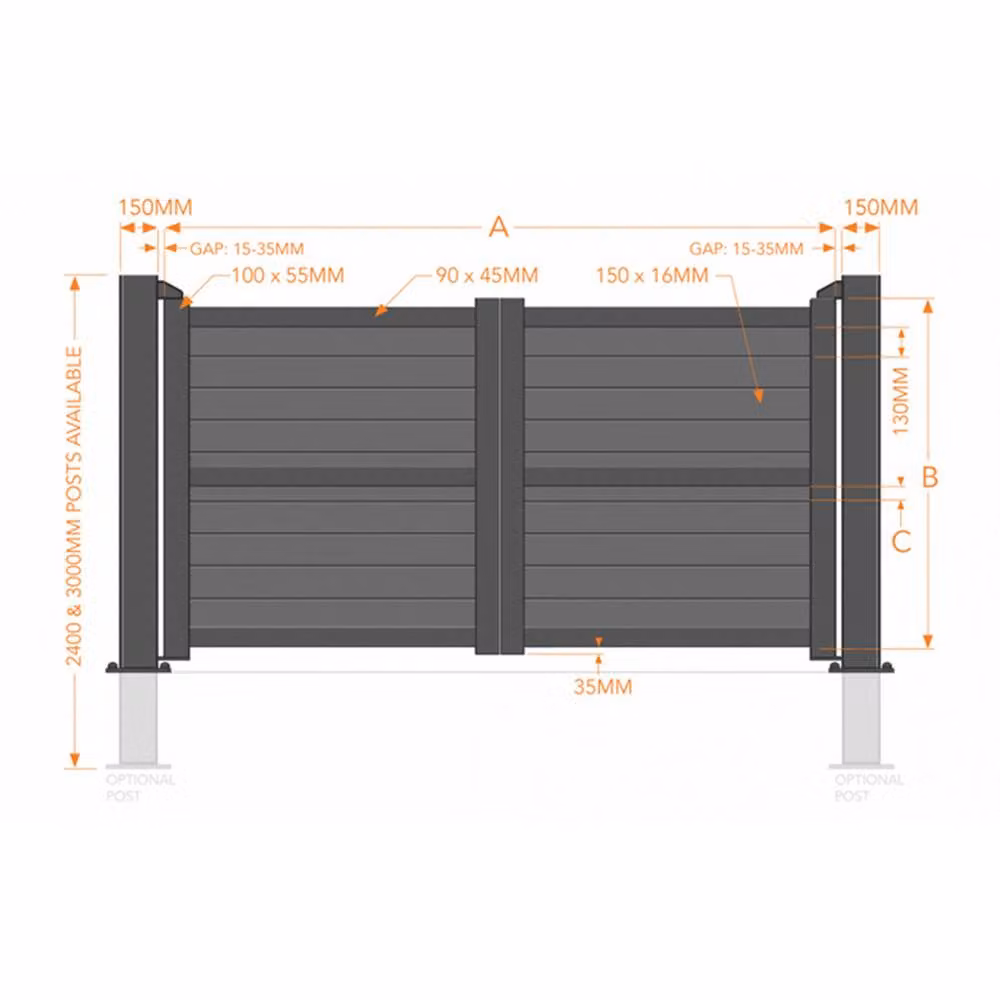 Ready Made Double Swing Gate with Horizontal Solid Infill and Flat Top in Grey, W: 400 cm, H: 180 cm – 2