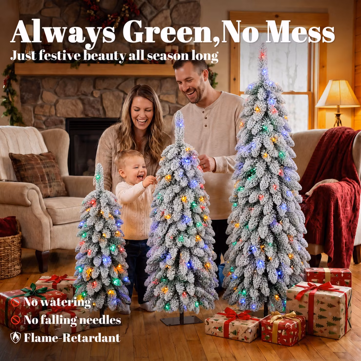 HOMCOM Set of 3 Snowy Pre-Lit LED Artificial Christmas Trees with PVC Branches in Green and White, H: 90 cm, H: 120 cm, H: 150 cm – 3