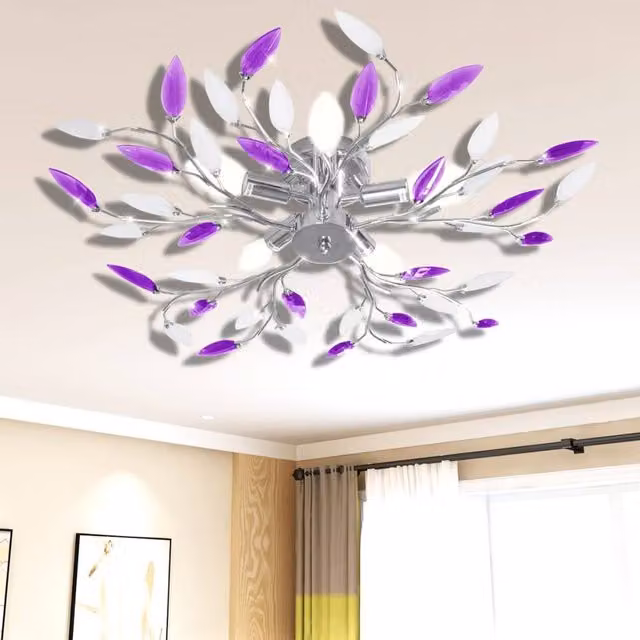 Berkfield Home Modern Purple and White Crystal Ceiling Lamp with Chrome Accents for 5 x E14 Bulbs