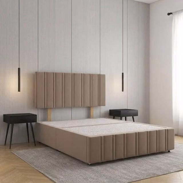 Regional Furnishings Double Plush Velvet Divan Bed with 24 inch Headboard and Footboard in Bronze, W/D/H: 140 x 200 cm