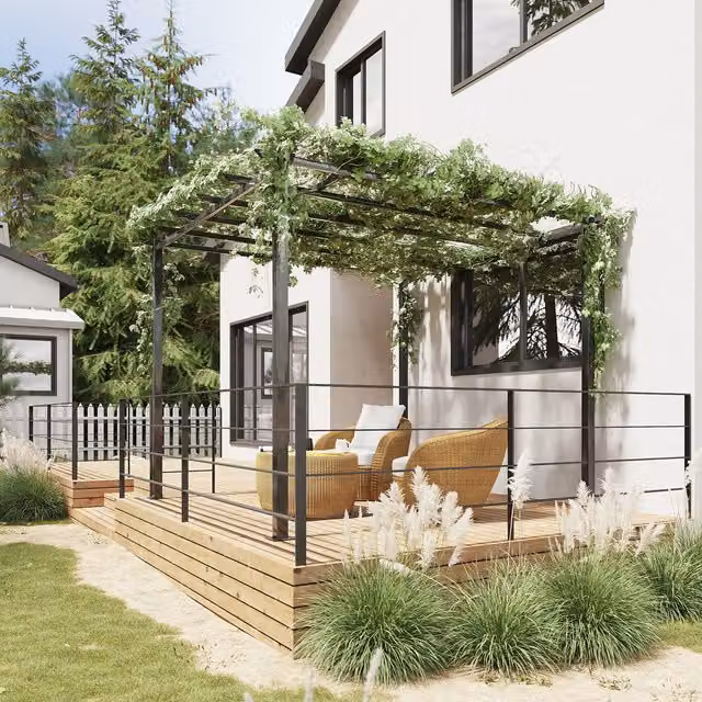 Outsunny Black Metal Pergola with Grape Trellis for Climbing Plants, W 300 cm x D 300 cm