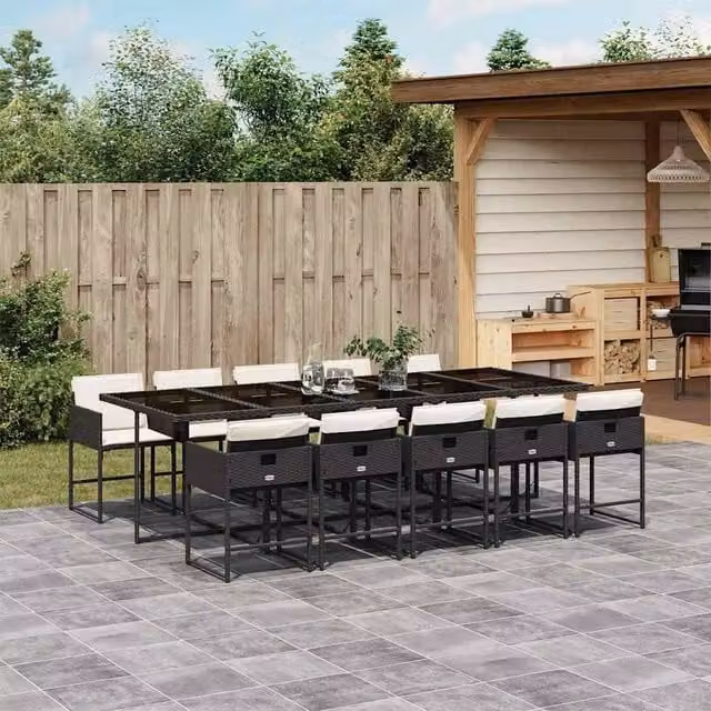 Berkfield Home Modern Polyrattan Garden Dining Set in Black and White with Glass Top