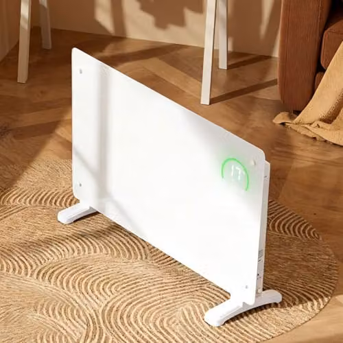 Spector Ultra-Thin Smart Electric Glass Panel Heater, 2000W, White, WiFi and App Control, Wall Mounted or Freestanding with Timer and Frost Protection, Depth: 6.5 cm – 6
