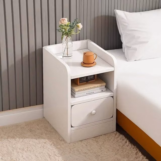 KORVIXA 1 Drawer Bedside Storage Cabinet Compact End Table in White – 1